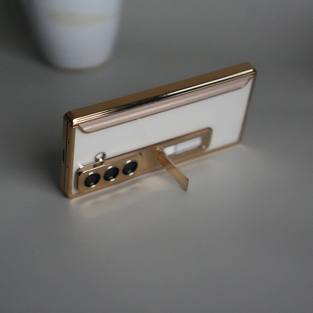 Galaxy Z Fold 7 Transparent Case with Front Glass Protection | Chrome Plated Frame & Kick Stand