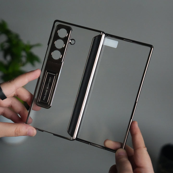 Galaxy Z Fold 7 Transparent Case with Front Glass Protection | Chrome Plated Frame & Kick Stand