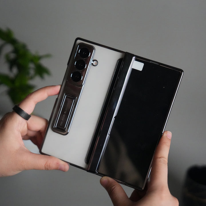 Galaxy Z Fold 7 Transparent Case with Front Glass Protection | Chrome Plated Frame & Kick Stand