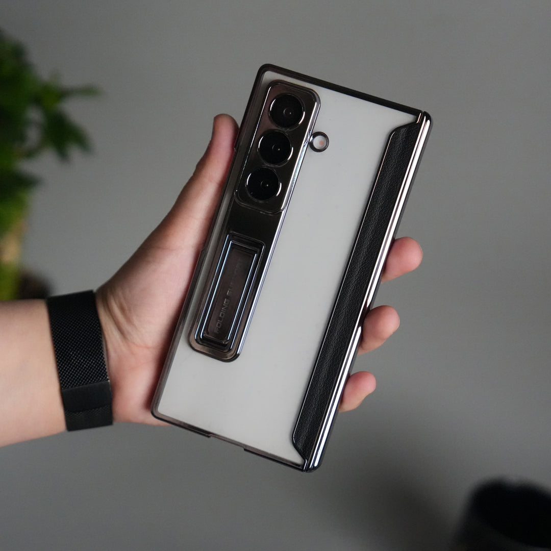 Galaxy Z Fold 7 Transparent Case with Front Glass Protection | Chrome Plated Frame & Kick Stand