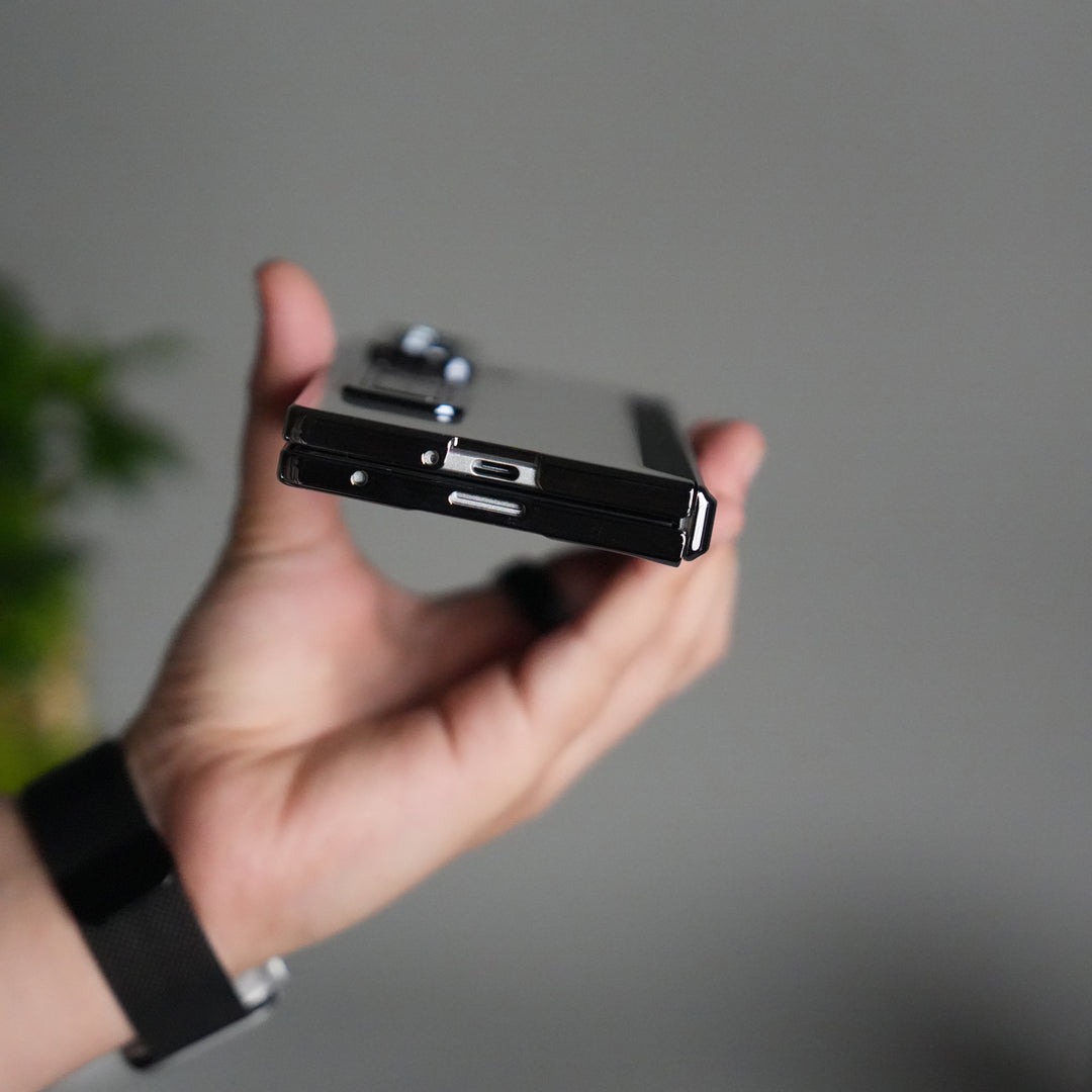 Galaxy Z Fold 7 Transparent Case with Front Glass Protection | Chrome Plated Frame & Kick Stand