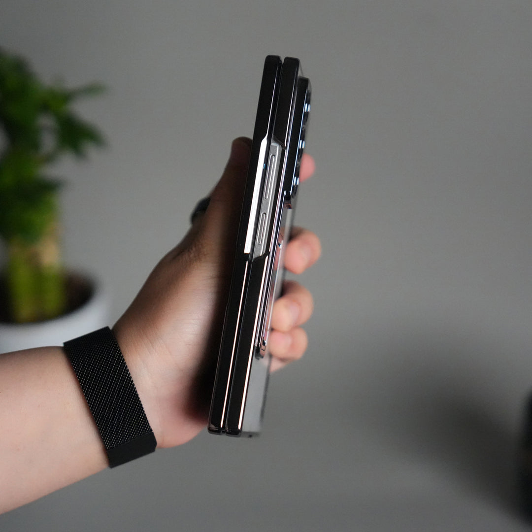 Galaxy Z Fold 7 Transparent Case with Front Glass Protection | Chrome Plated Frame & Kick Stand