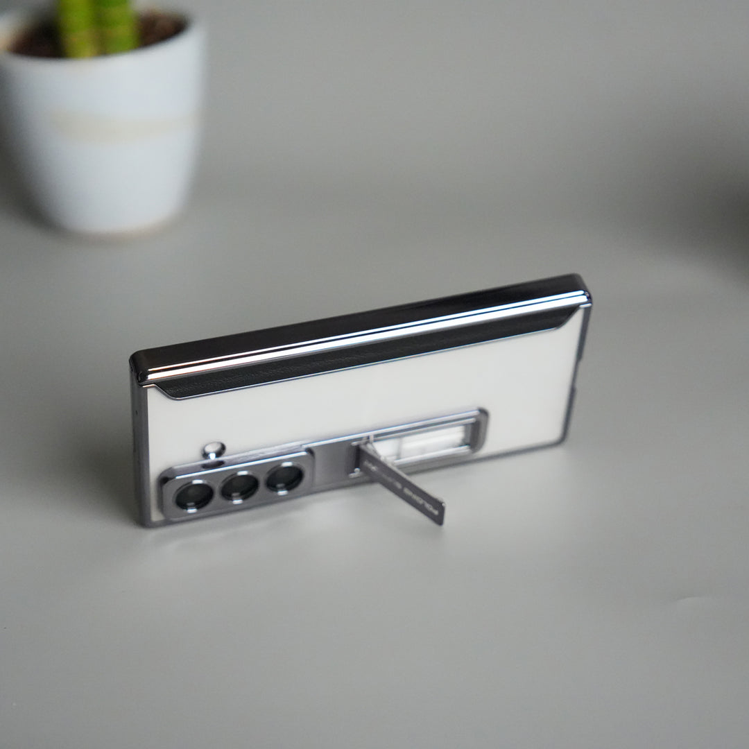 Galaxy Z Fold 7 Transparent Case with Front Glass Protection | Chrome Plated Frame & Kick Stand