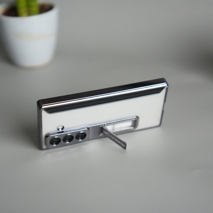 Galaxy Z Fold 7 Transparent Case with Front Glass Protection | Chrome Plated Frame & Kick Stand