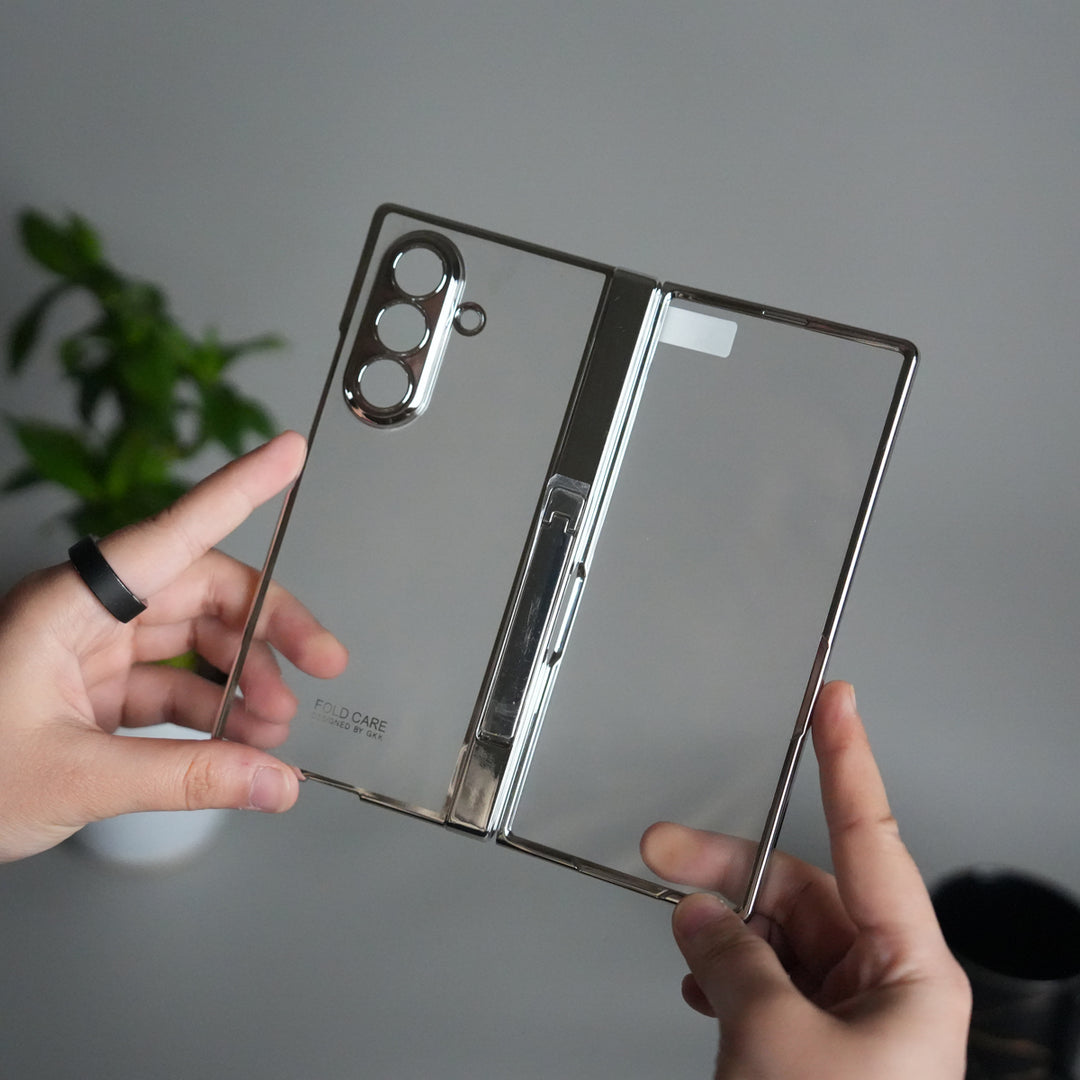 Galaxy Z Fold 7 Transparent Case with Front Glass Protection | Chrome Plated Hinge & Kick Stand