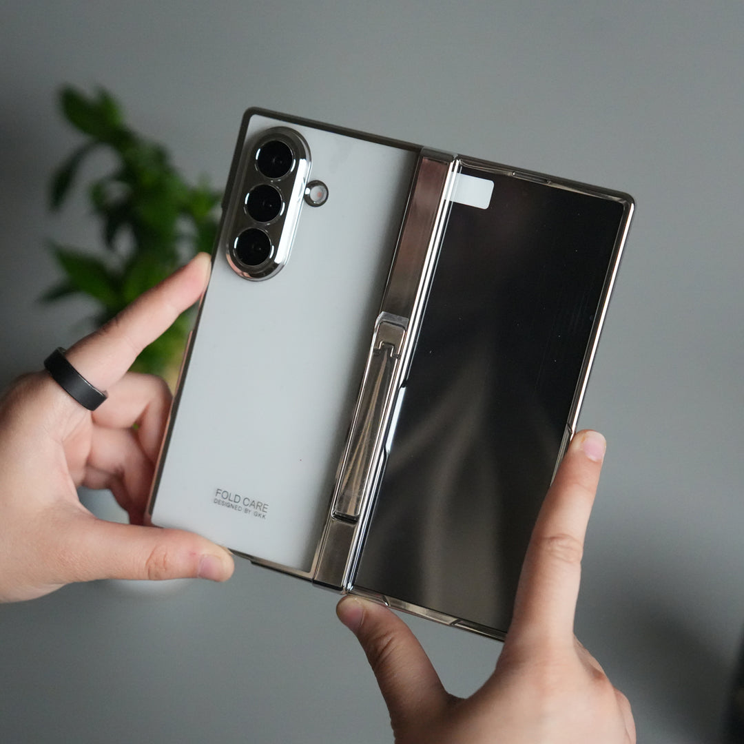 Galaxy Z Fold 7 Transparent Case with Front Glass Protection | Chrome Plated Hinge & Kick Stand