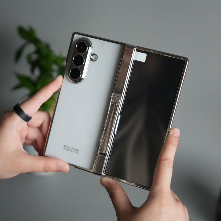 Galaxy Z Fold 7 Transparent Case with Front Glass Protection | Chrome Plated Hinge & Kick Stand