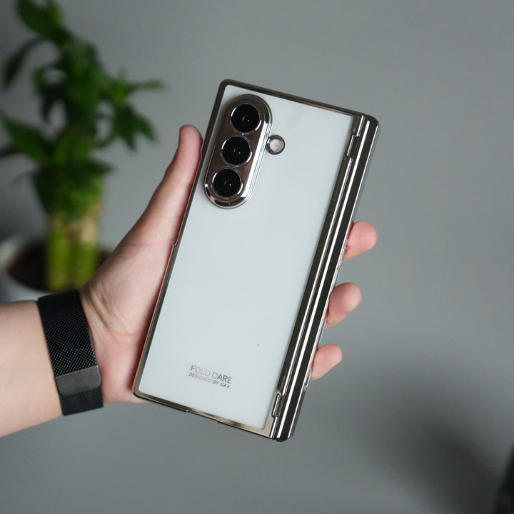 Galaxy Z Fold 7 Transparent Case with Front Glass Protection | Chrome Plated Hinge & Kick Stand