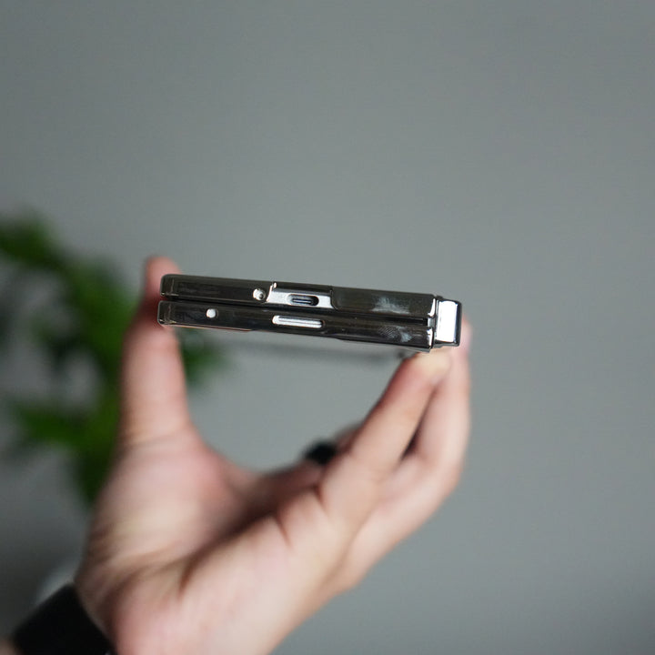 Galaxy Z Fold 7 Transparent Case with Front Glass Protection | Chrome Plated Hinge & Kick Stand