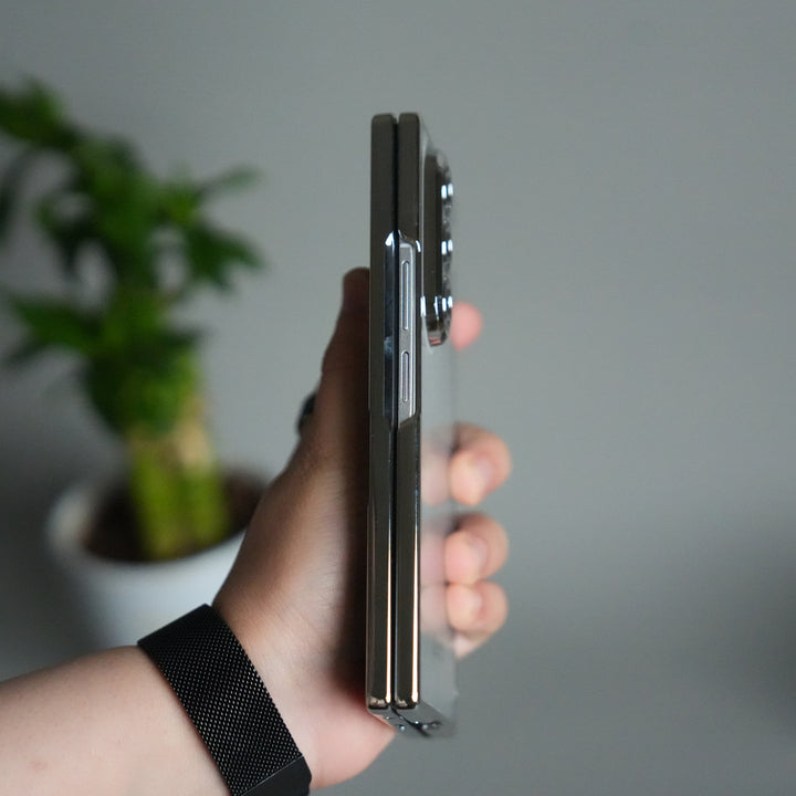 Galaxy Z Fold 7 Transparent Case with Front Glass Protection | Chrome Plated Hinge & Kick Stand