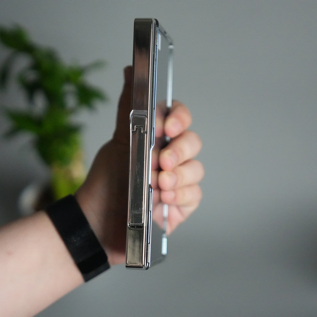 Galaxy Z Fold 7 Transparent Case with Front Glass Protection | Chrome Plated Hinge & Kick Stand