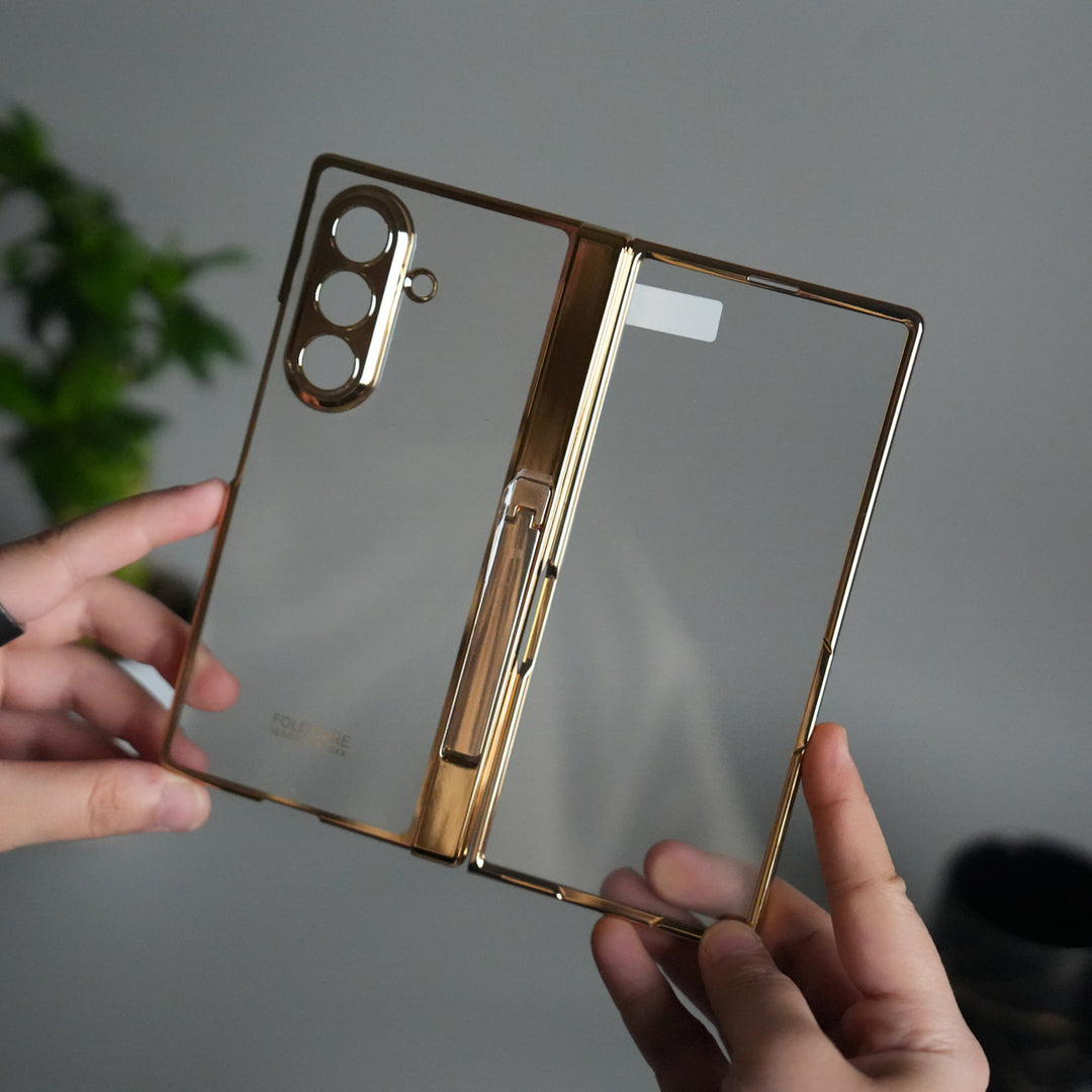 Galaxy Z Fold 7 Transparent Case with Front Glass Protection | Chrome Plated Hinge & Kick Stand