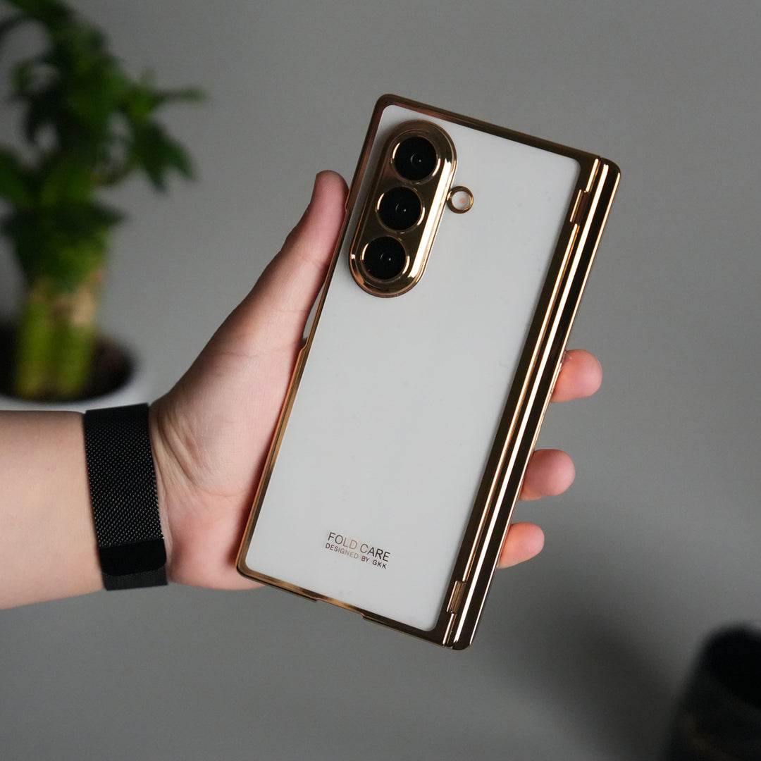 Galaxy Z Fold 7 Transparent Case with Front Glass Protection | Chrome Plated Hinge & Kick Stand