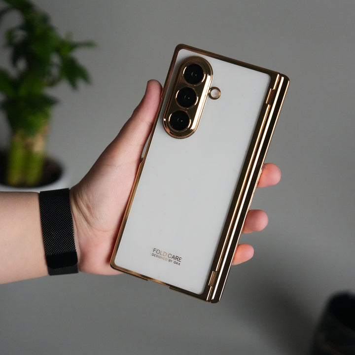 Galaxy Z Fold 7 Transparent Case with Front Glass Protection | Chrome Plated Hinge & Kick Stand