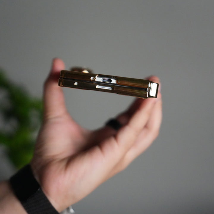 Galaxy Z Fold 7 Transparent Case with Front Glass Protection | Chrome Plated Hinge & Kick Stand