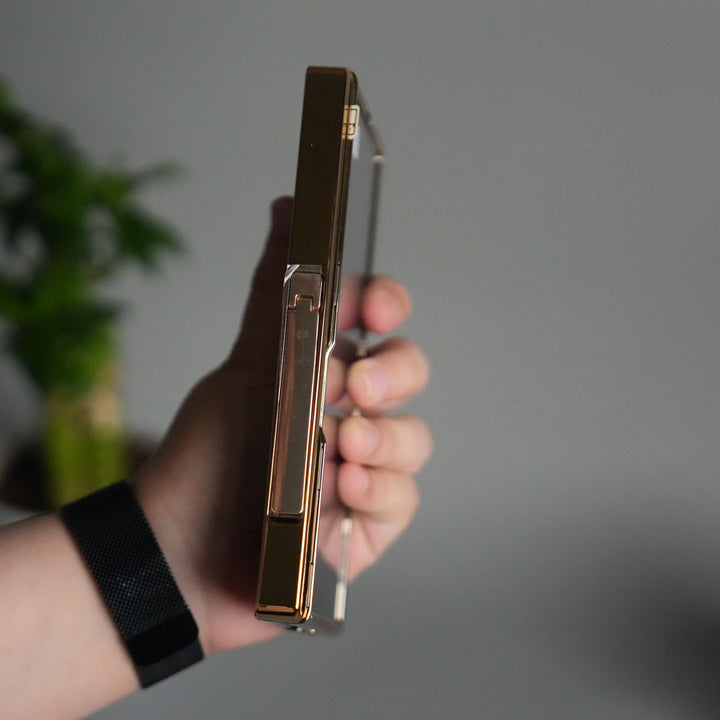 Galaxy Z Fold 7 Transparent Case with Front Glass Protection | Chrome Plated Hinge & Kick Stand