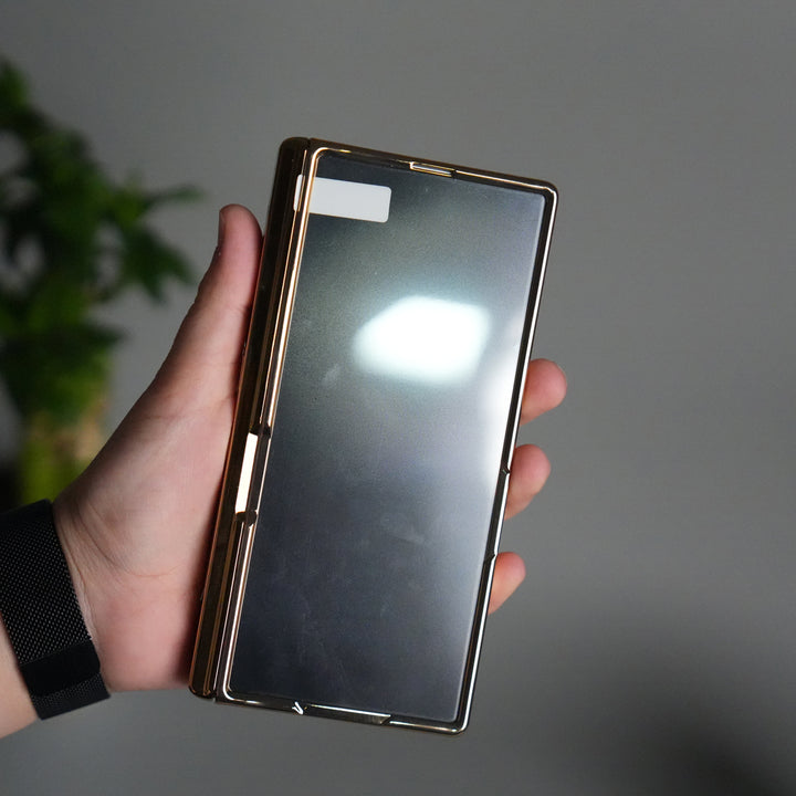 Galaxy Z Fold 7 Transparent Case with Front Glass Protection | Chrome Plated Hinge & Kick Stand