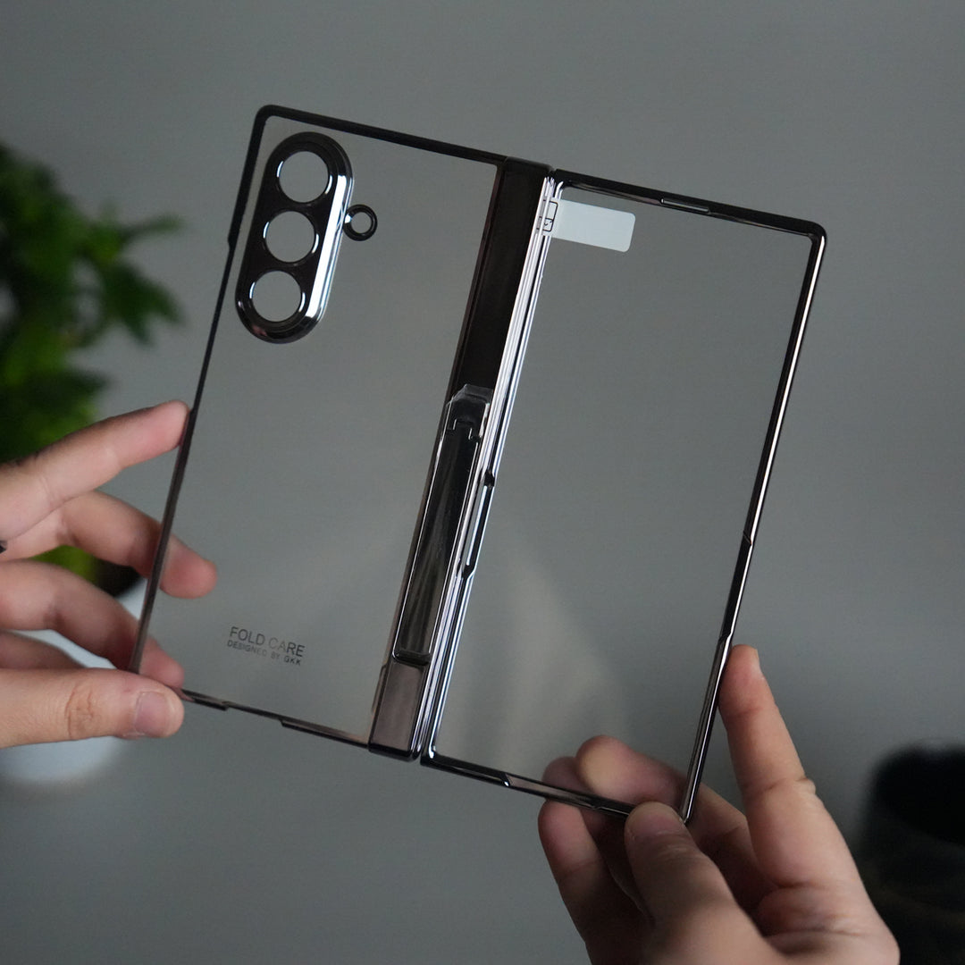 Galaxy Z Fold 7 Transparent Case with Front Glass Protection | Chrome Plated Hinge & Kick Stand