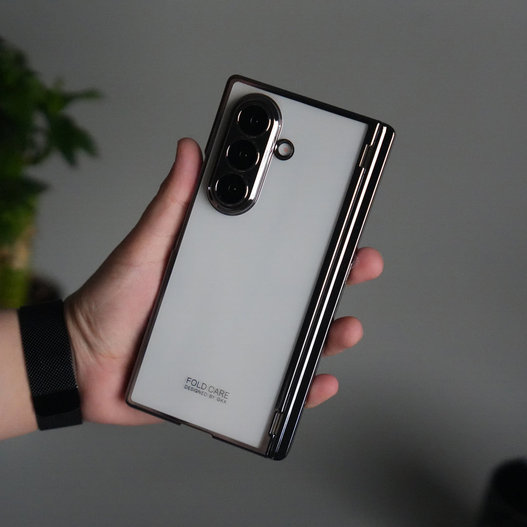 Galaxy Z Fold 7 Transparent Case with Front Glass Protection | Chrome Plated Hinge & Kick Stand