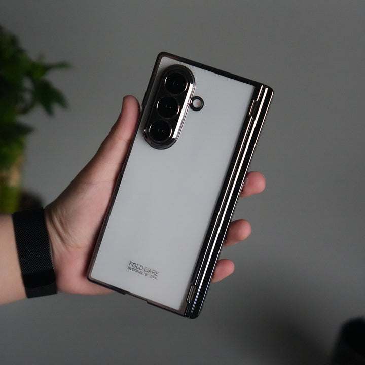 Galaxy Z Fold 7 Transparent Case with Front Glass Protection | Chrome Plated Hinge & Kick Stand