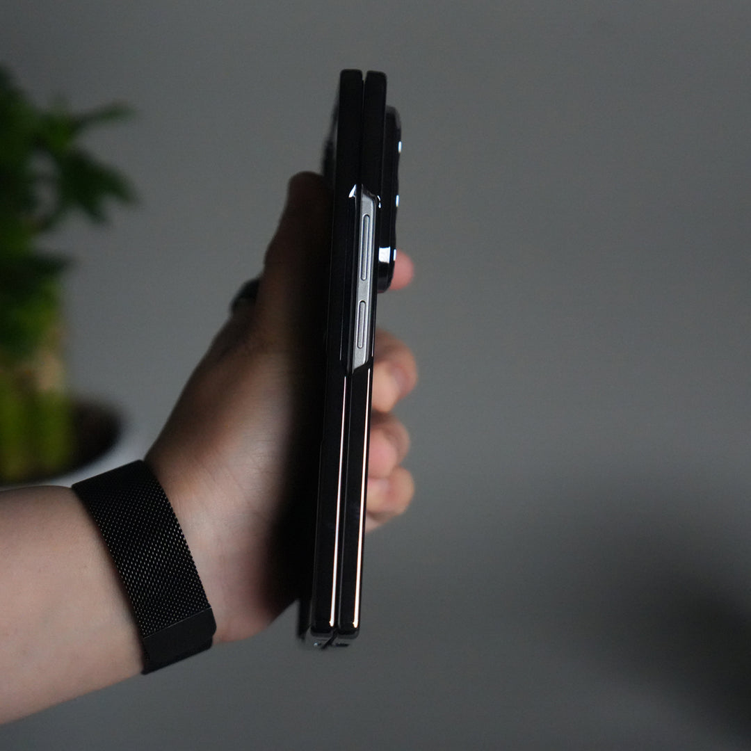 Galaxy Z Fold 7 Transparent Case with Front Glass Protection | Chrome Plated Hinge & Kick Stand