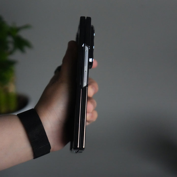 Galaxy Z Fold 7 Transparent Case with Front Glass Protection | Chrome Plated Hinge & Kick Stand