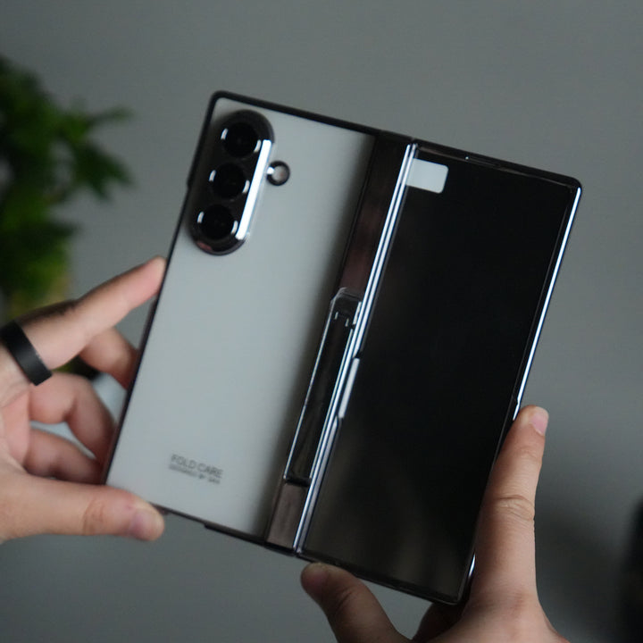 Galaxy Z Fold 7 Transparent Case with Front Glass Protection | Chrome Plated Hinge & Kick Stand