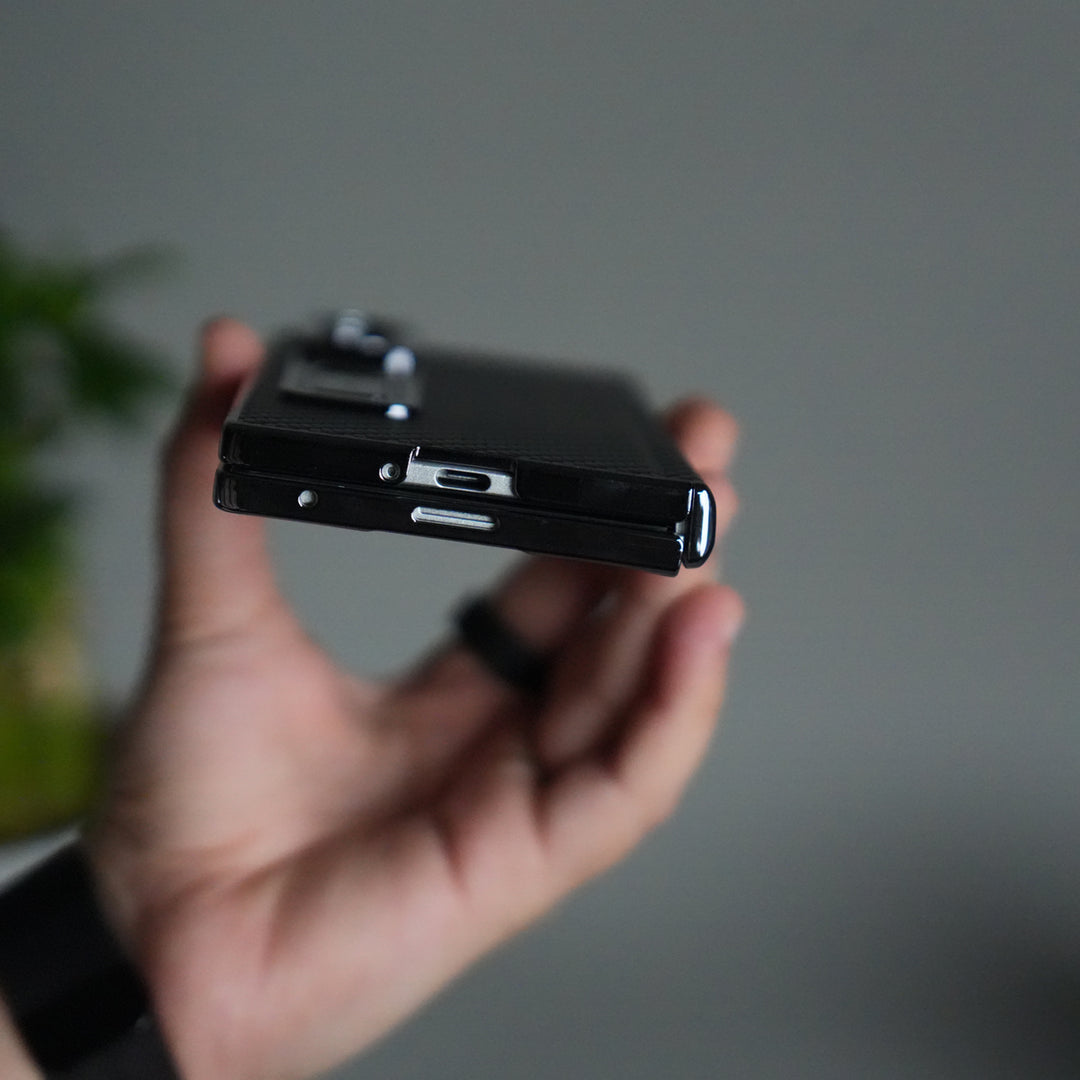 Galaxy Z Fold 7 Carbon Fiber Texture Case with Front Glass Protection | Chrome Plated Frame & Kick Stand