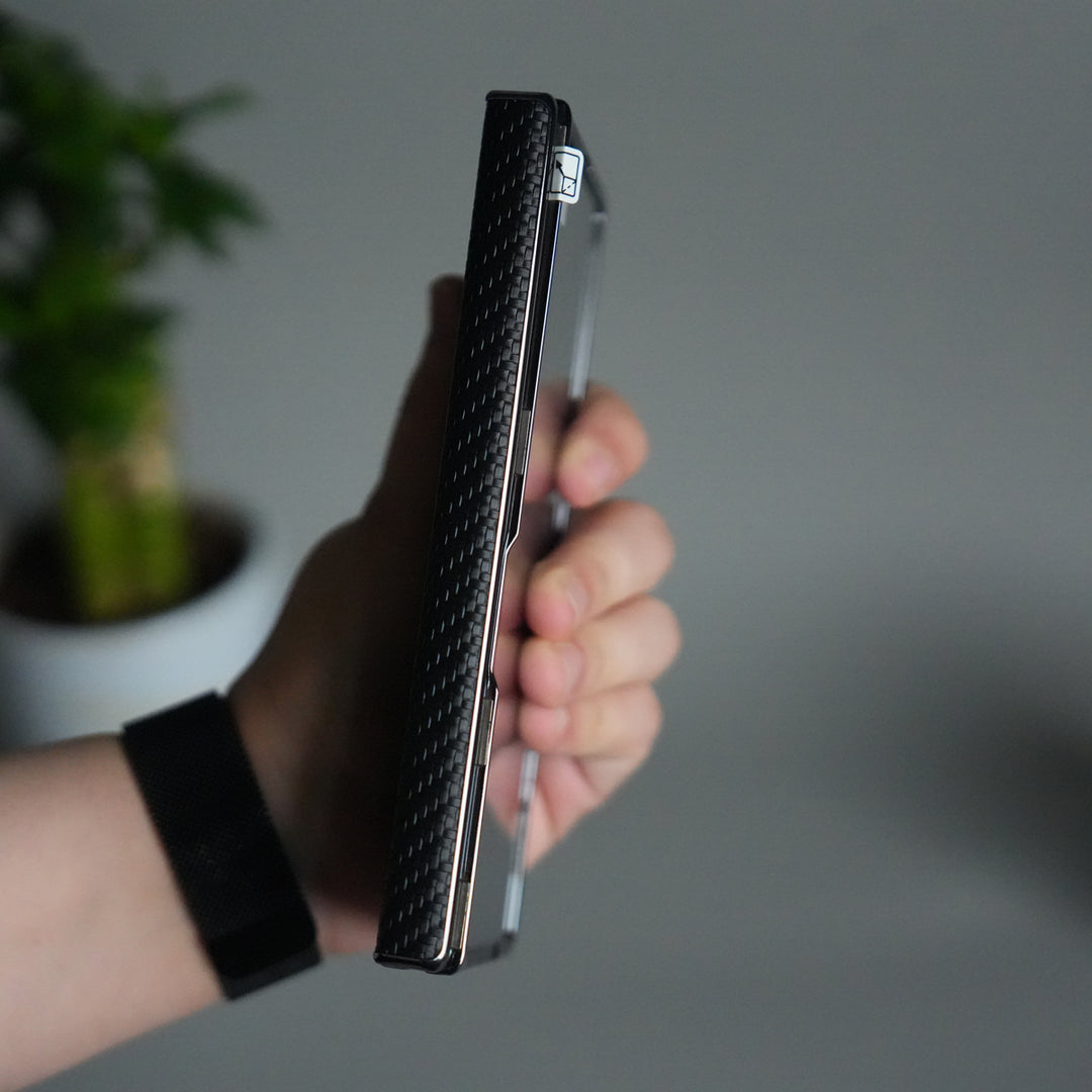 Galaxy Z Fold 7 Carbon Fiber Texture Case with Front Glass Protection | Chrome Plated Frame & Kick Stand