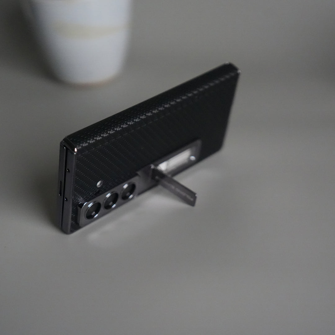 Galaxy Z Fold 7 Carbon Fiber Texture Case with Front Glass Protection | Chrome Plated Frame & Kick Stand