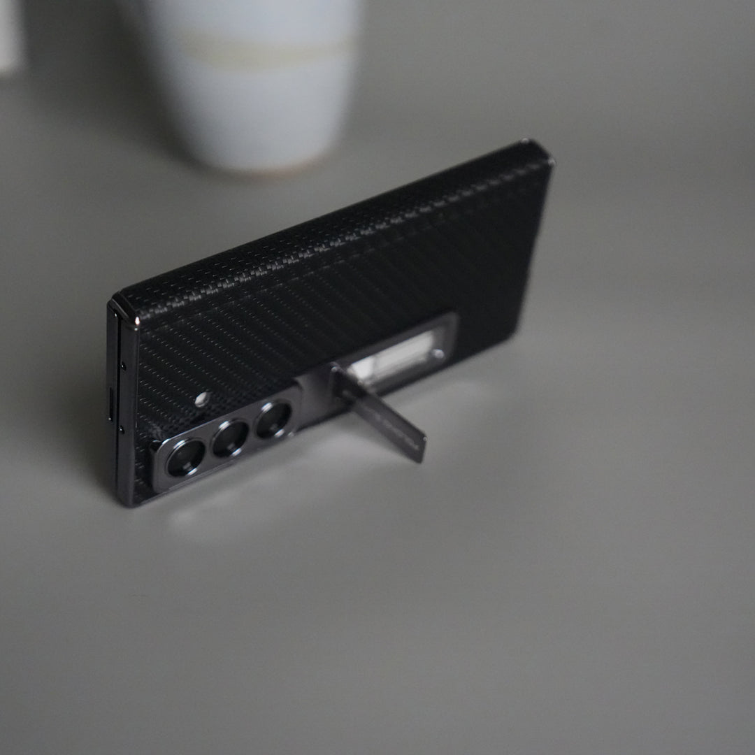 Galaxy Z Fold 7 Carbon Fiber Texture Case with Front Glass Protection | Chrome Plated Frame & Kick Stand