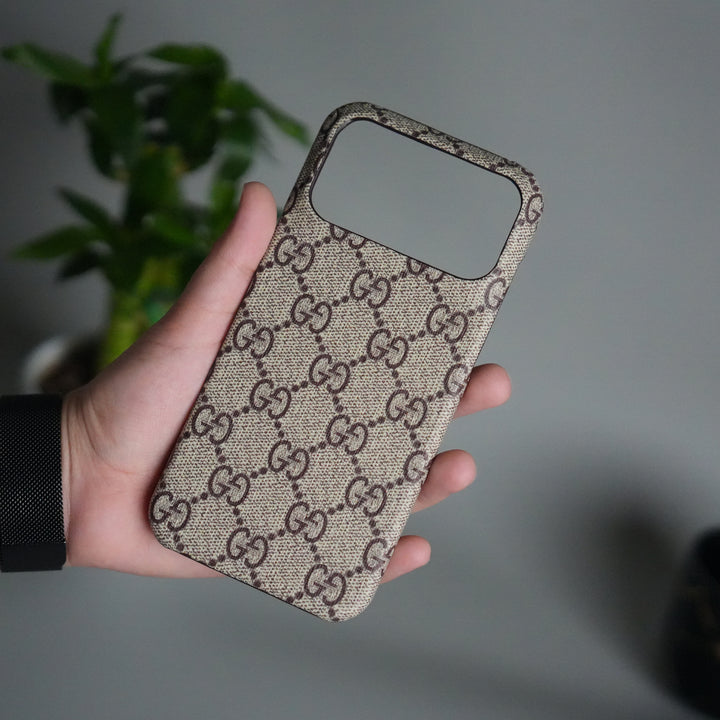 iPhone 17 Pro Luxury GG Pattern PU Leather Case Cover (Beige)