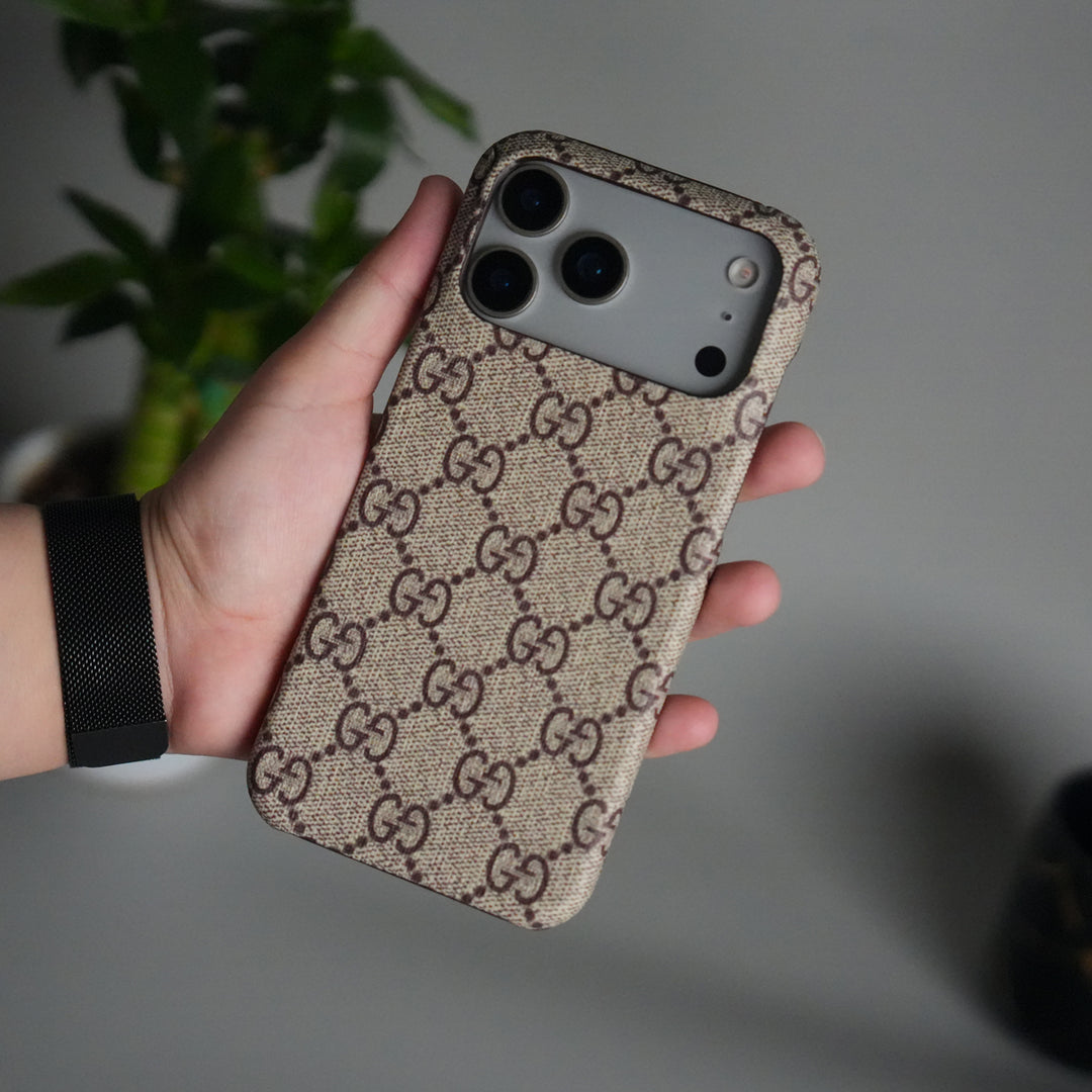 iPhone 17 Pro Luxury GG Pattern PU Leather Case Cover (Beige)