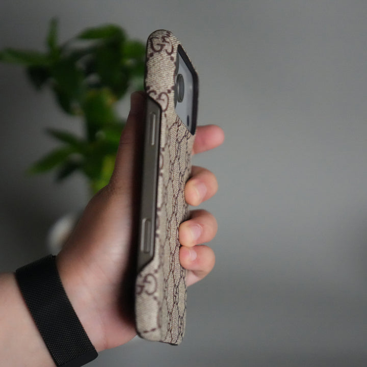 iPhone 17 Pro Luxury GG Pattern PU Leather Case Cover (Beige)