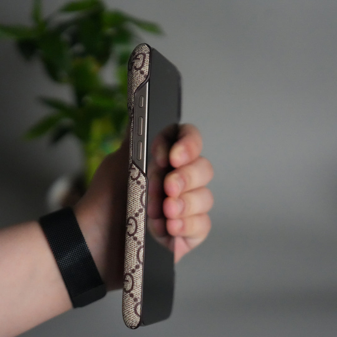 iPhone 17 Pro Luxury GG Pattern PU Leather Case Cover (Beige)