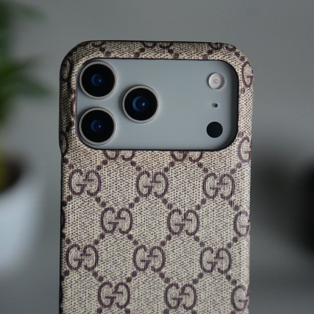 iPhone 17 Pro Luxury GG Pattern PU Leather Case Cover (Beige)