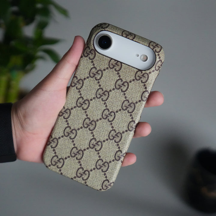 iPhone 17 Air Luxury GG Pattern PU Leather Case Cover (Beige)