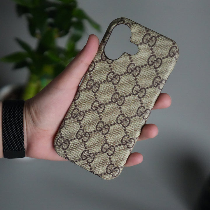 iPhone 17 Luxury GG Pattern PU Leather Case Cover (Beige)