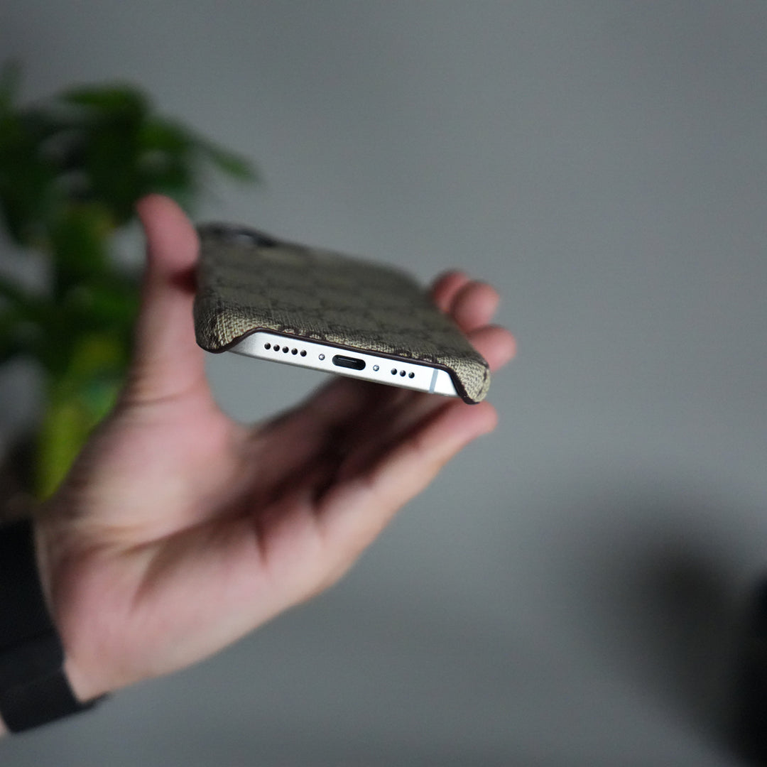 iPhone 17 Luxury GG Pattern PU Leather Case Cover (Beige)