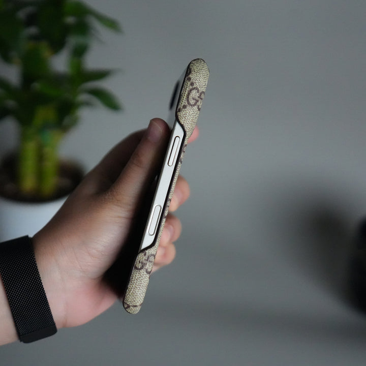 iPhone 17 Luxury GG Pattern PU Leather Case Cover (Beige)