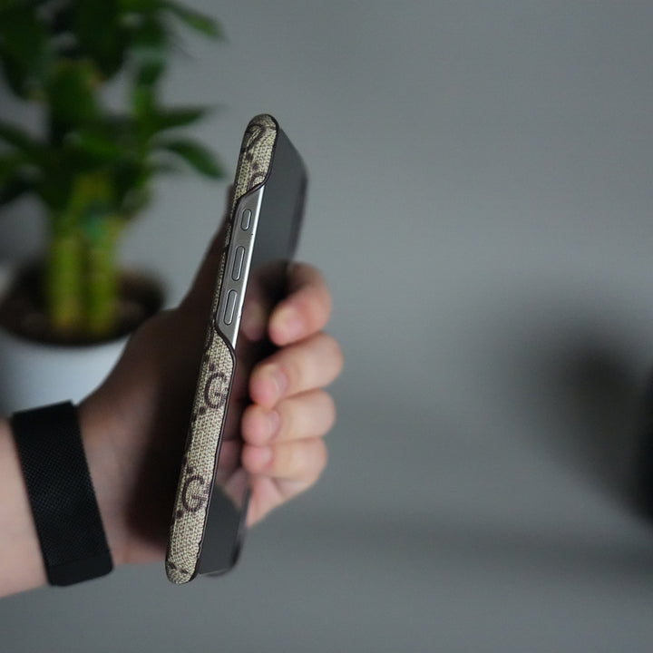 iPhone 17 Luxury GG Pattern PU Leather Case Cover (Beige)