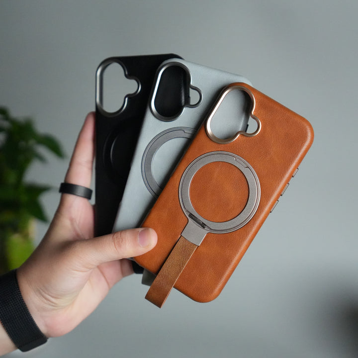 iPhone 17 Luxury Leather MagSafe Case | Metal Ring Stand and Grip Holder Cover