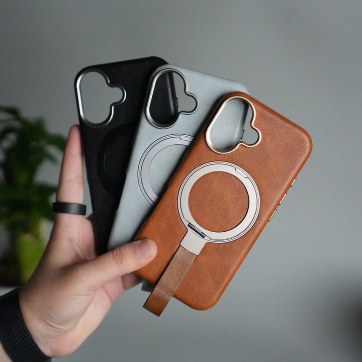 iPhone 17 Luxury Leather MagSafe Case | Metal Ring Stand and Grip Holder Cover