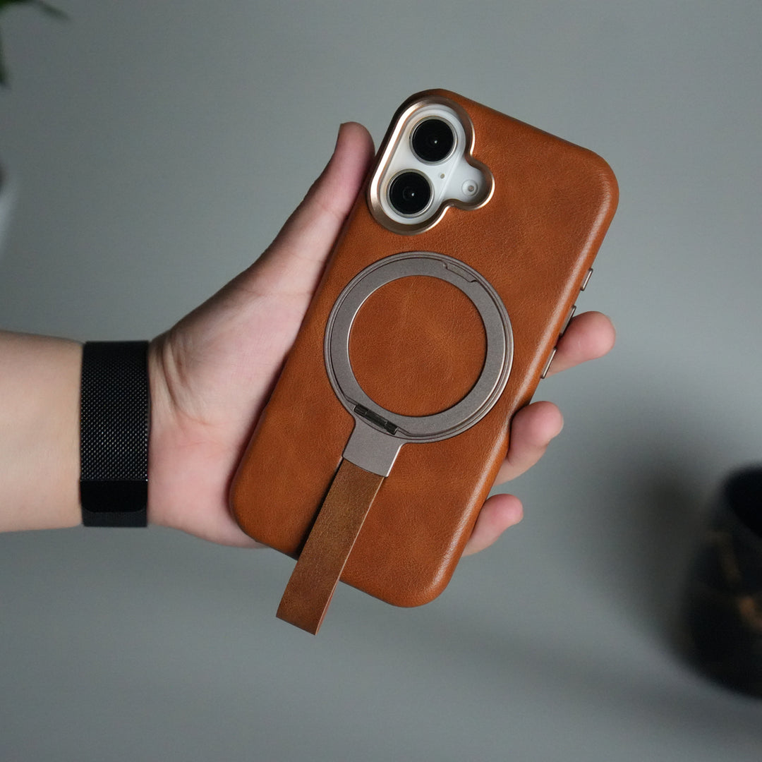 iPhone 17 Luxury Leather MagSafe Case | Metal Ring Stand and Grip Holder Cover
