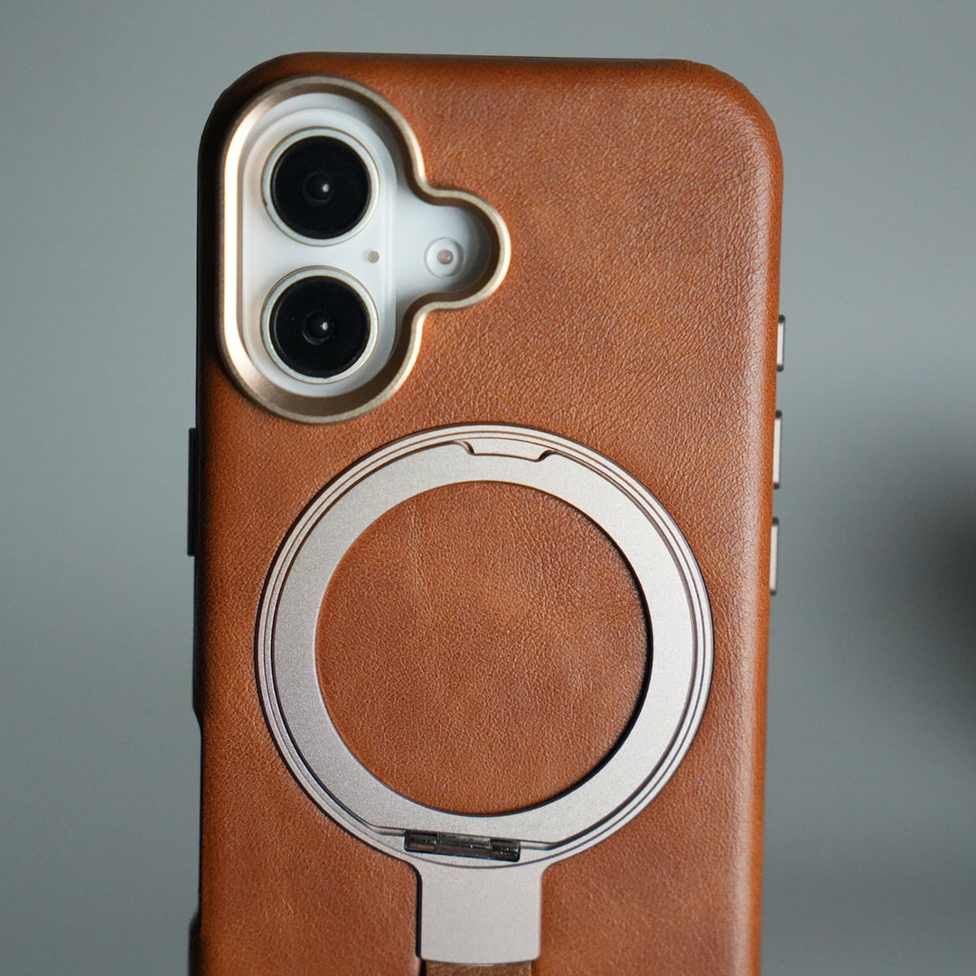 iPhone 17 Luxury Leather MagSafe Case | Metal Ring Stand and Grip Holder Cover