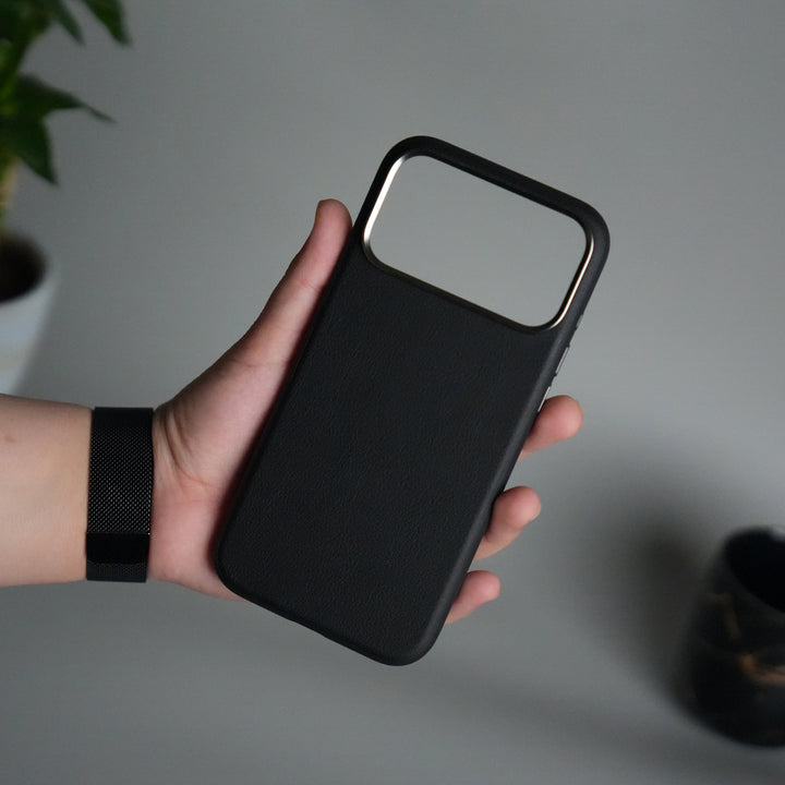 iPhone 17 Pro Max Leather Texture Design PVC Case With Metal Camera Bump