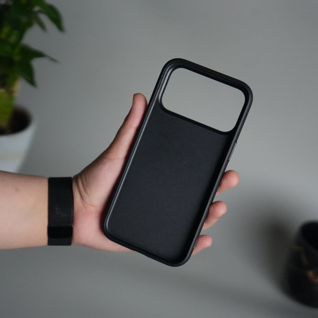 iPhone 17 Pro Max Leather Texture Design PVC Case With Metal Camera Bump