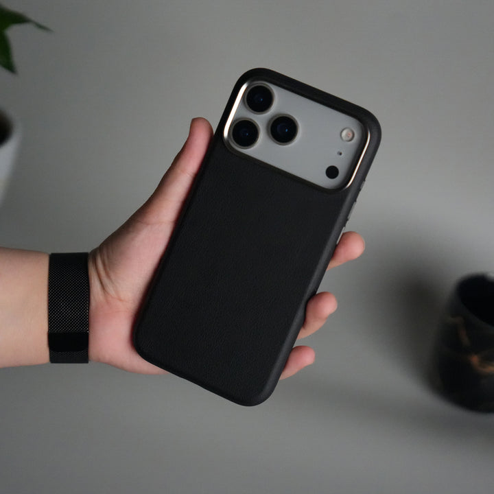 iPhone 17 Pro Max Leather Texture Design PVC Case With Metal Camera Bump