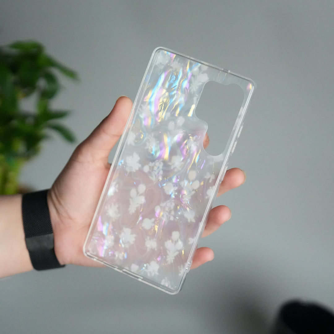 Galaxy S25 Ultra Iridescent Floral Case | Holographic Transparent Back Cover with 3D Flower Design