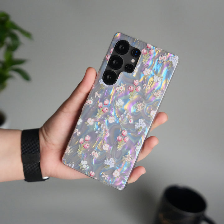 Galaxy S25 Ultra Iridescent Floral Case | Holographic Transparent Back Cover with 3D Flower Design